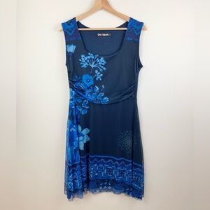 Y2K Desigual Blue Floral Scoop Neck Sleeveless Dress